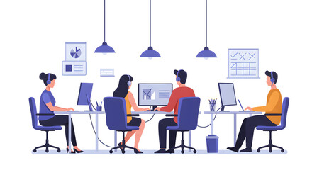 Customer Service Team Working in Modern Office with Computers and Headphones, Tech Support Illustration