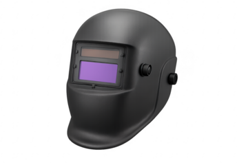 Black welding helmet protecting welder's face with transparent background