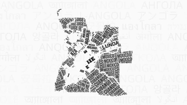 Angola intro animation. Country with regions illustration video. Background with country names in various languages. Regions of Angola animation. Trending video.