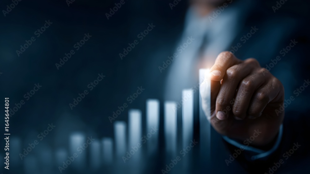 Poster businessman analyzing financial growth chart with data driven insights