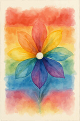 Watercolor rainbow flower illustration with vibrant petals on a textured paper background, symbolizing pride, diversity, and love in a soft artistic style.
