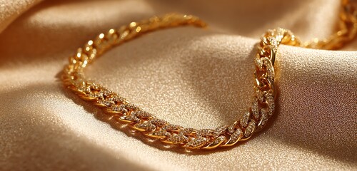 Shiny gold necklace on sand-colored velvet surface with glass highlights