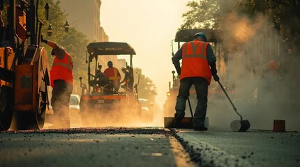 Road construction crew paving fresh asphalt with steaming machinery in busy urban city street