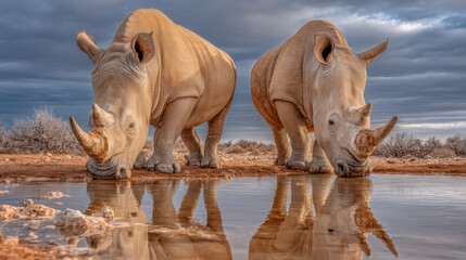 Obraz premium Two rhinoceros drinking water with reflection under cloudy sky