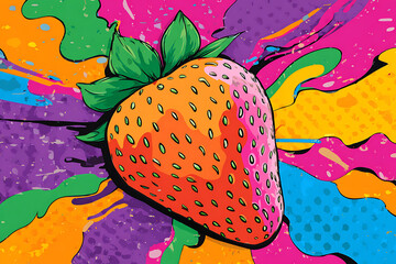 Vibrant illustration of a strawberry bursting with colorful paint splashes in a dynamic background