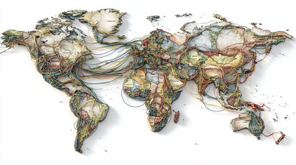 World map with colorful energy routes and political borders, showing global connections and network lines in detailed and artistic style, evoking sense of complexity and interconnection