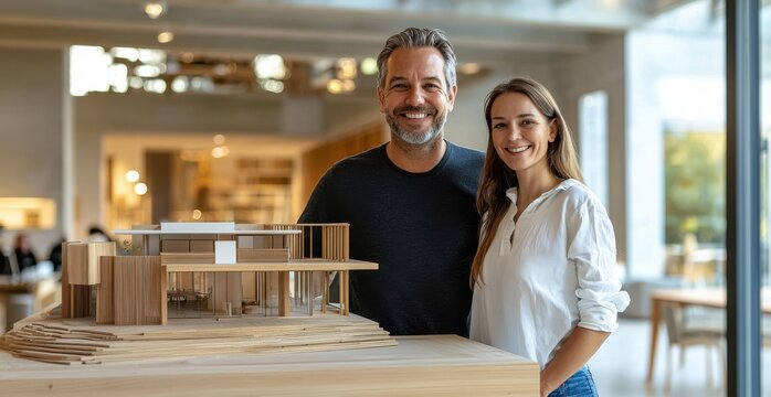 Happy male and female architects proudly display a modern architectural model in a contemporary interior setting