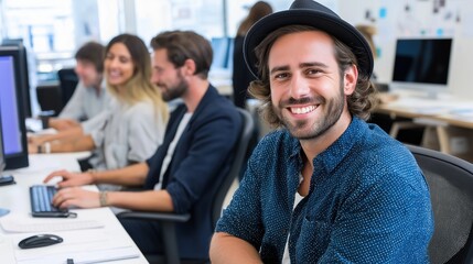 Smiling bearded man in hat at startup office portrait image. Cheerful european guy at desk in open-plan workplace with colleagues photography. Business casual concept photo-realistic