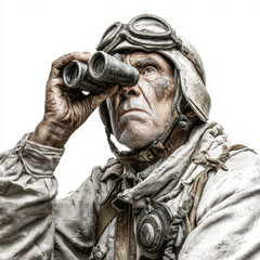 WWII tank commander with binoculars in worn helmet and uniform looks focused and determined, showing detailed weathered face and gear in high contrast close up portrait