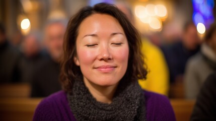 Obraz premium East asian woman with eyes closed and smile during church service portrait image. Christian worshipping photography human scene. Inner peace and devotion concept photo-realistic