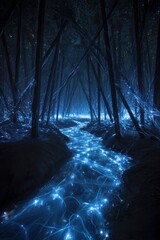 Fototapeta premium Enchanted Forest Stream: Glowing Blue Light and Dark Trees