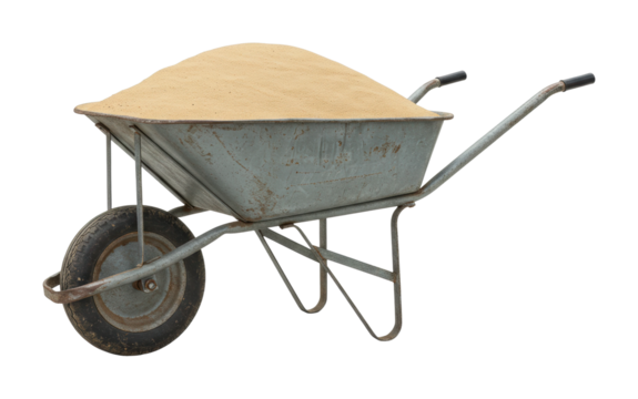 Construction activity with wheelbarrow in urban site tools and equipment outdoor setting perspective on manual labor. Cut out png