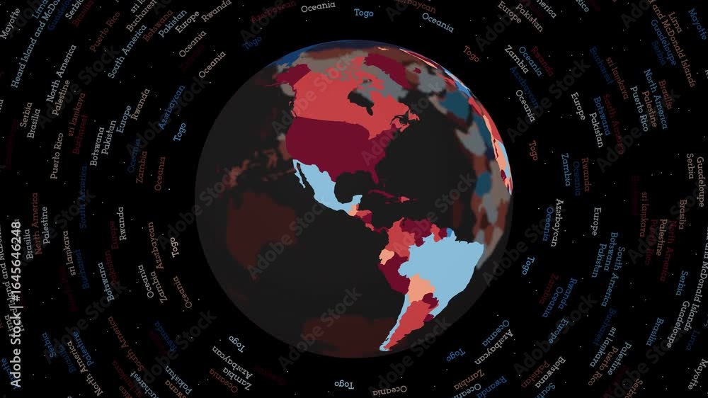 Poster rotating globe. dark translucent globe with round geographical names text. artistic spinning planet.