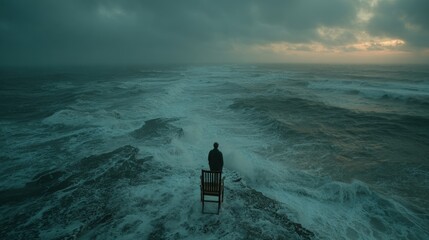 A solitary figure sits on a wooden chair atop a rocky outcrop, amidst turbulent ocean waves under a dramatic sky