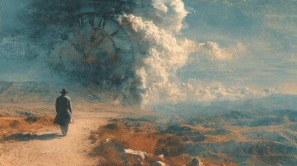 A solitary figure walks a path towards a colossal clock-like cloud formation on a dramatic landscape