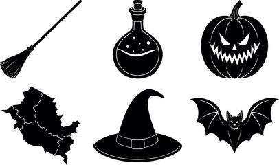 Halloween vector silhouette set with spooky icons and elements. Collection of halloween vectors