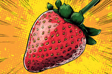 Vibrant illustration of a ripe strawberry with a dynamic burst background, emphasizing freshness