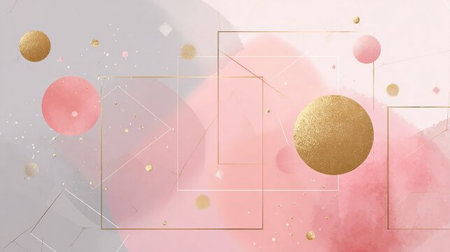 This abstract minimalist business background features a soft grey and blush pink gradient, paired with floating geometric shapes and delicate gold wireframe accents for a luxurious modern aesthetic.