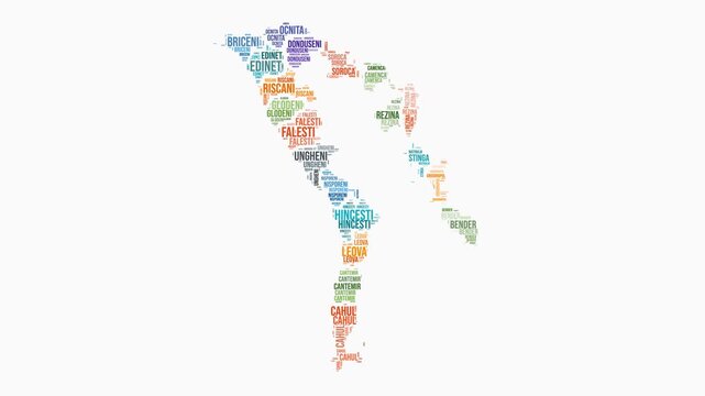 Moldova regions word cloud animation. Country logo animated video. Moldova colored text cloud. Regions typography style motion graphics. Awesome video.