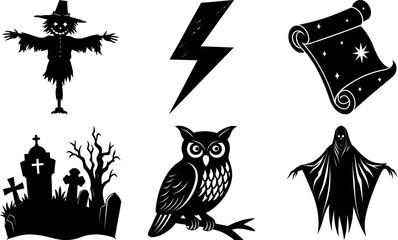 Halloween vector silhouette set with spooky icons and elements. Collection of halloween vectors