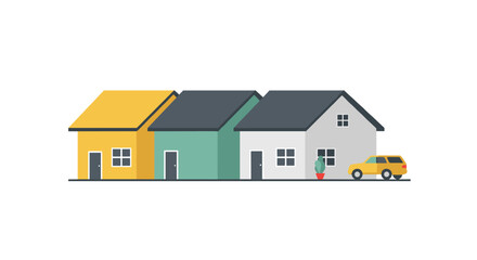 Minimalist flat design of modern colorful houses with car and cactus
