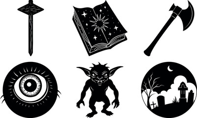 Halloween vector silhouette set with spooky icons and elements. Collection of halloween vectors