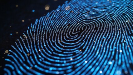 Digital fingerprint illustration shines with blue light dots over a textured black background.