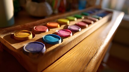 Wooden palette with colorful paint containers.
