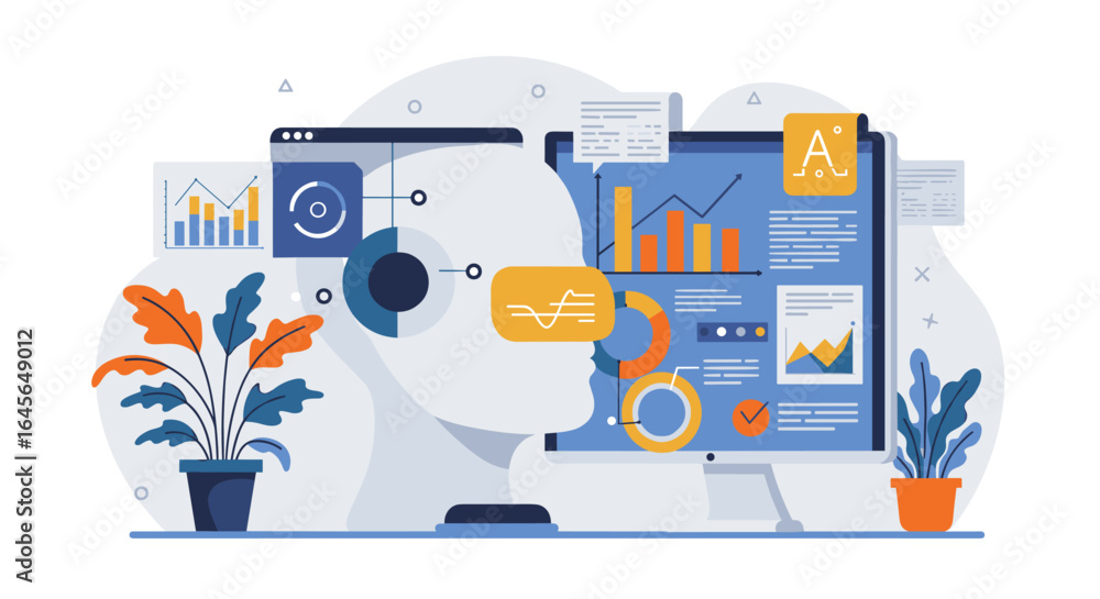 Poster data analysis and ai concept with graphs and charts on computer screens