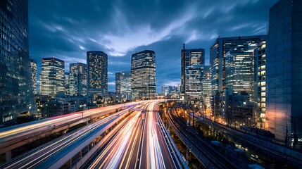 Fototapeta premium Futuristic cityscape with streams of light from busy traffic on a motorway under a dramatic twilight sky