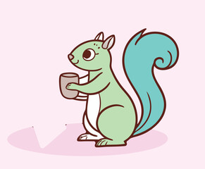 Cute Green Squirrel Holding a Cup animal cartoon