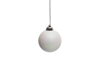 White shiny ball hanging isolated on white background. Decorative element for Christmas and New...