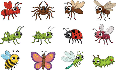 Cute cartoon insects collection, colorful bug illustrations, kids-friendly characters, ants, spiders, bees, butterflies, ladybugs, dragonflies, caterpillars, fun design.
