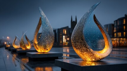 Modern illuminated teardrop sculptures line a city street at twilight