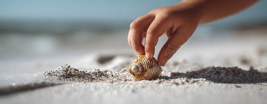 Close-up of a child hand gently lifting a seashell from the soft white sand under natural light, with blurred ocean in the background, captured during a beachside summer moment of quiet exploration - Powered by Adobe