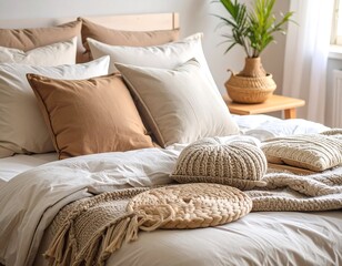 Cozy bedroom with layered pillows and blankets