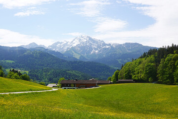 Fototapeta premium The panorama of Hoher Goell and Jenner mountains opening from Oberau village, Berchtesgaden, Germany 