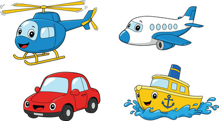 Cute Cartoon Transportation Vehicles Set, Helicopter, Airplane, Car, and Boat with Smiling Faces for Kids, Isolated White Background