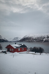 Traditional red Norwegian house on a snowy shore with a fjord and mountains in the background.
