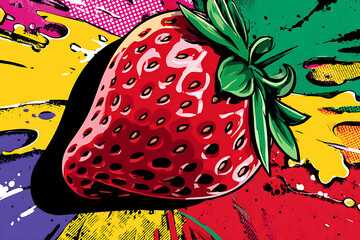 Vibrant strawberry illustration on a colorful splattered background showcasing artistic flair