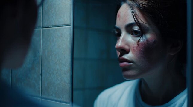 Woman reflecting on facial bruises in mirror highlighting domestic violence awareness and resilience video