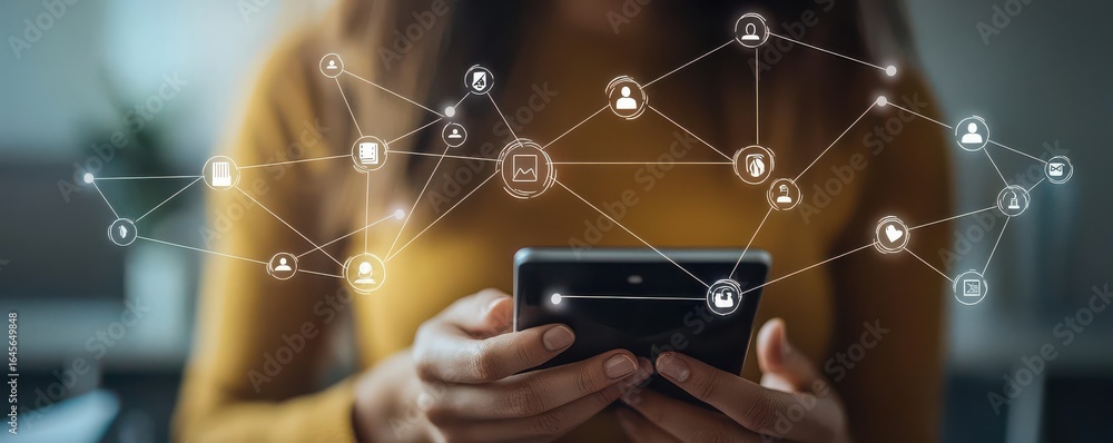 Aufkleber close-up of a hand interacting with a mobile device displaying social media and communication icons