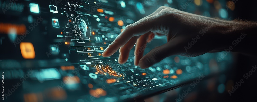 Poster close-up view of a hand interacting with a digital interface on a mobile device, depicting advanced 