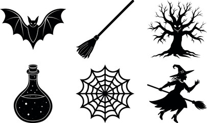 Halloween vector silhouette set with spooky icons and elements. Collection of halloween vectors