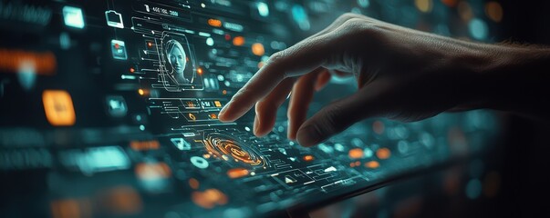 Close-up view of a hand interacting with a digital interface on a mobile device, depicting advanced technology and futuristic concepts