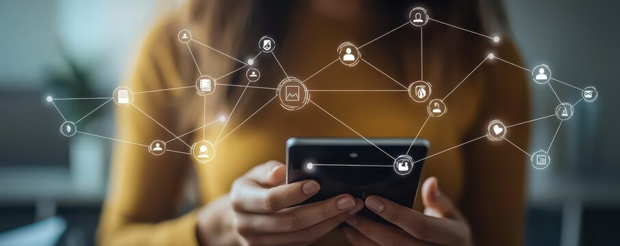 Close-up of a hand interacting with a mobile device displaying social media and communication icons