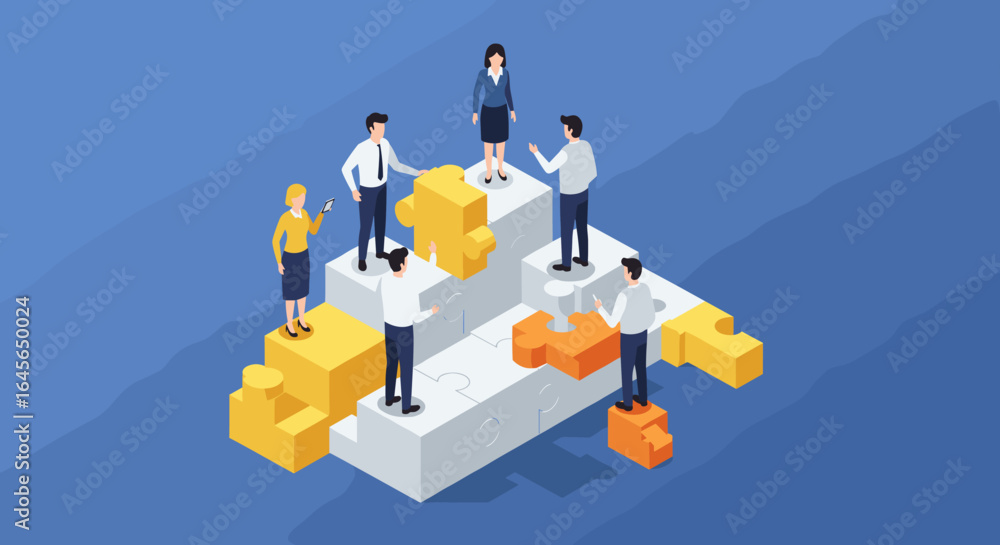 Aufkleber collaborative teamwork concept with business people on 3d puzzle blocks in isometric design