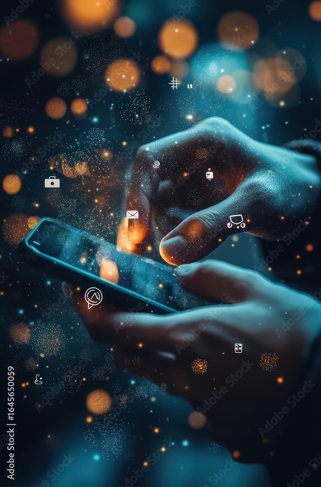 Poster close-up of hands interacting with a futuristic mobile device interface with digital network icons i