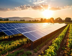 Illustration of Agrivoltaics Through a Highly Realistic Image of Solar Panels Merged Between Farm