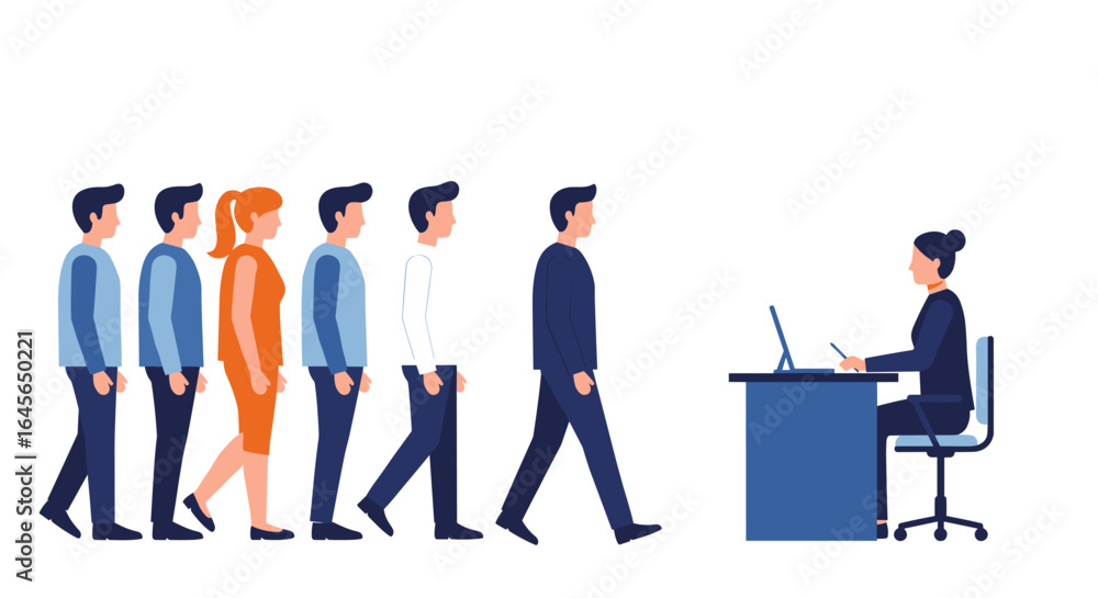 Poster job interview lineup: diverse candidates await interview with manager at desk